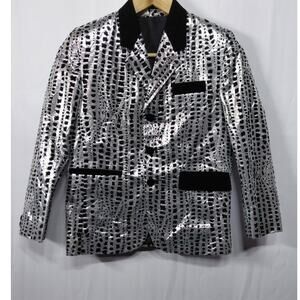 Non Stop Fashions Silver Metallic Blazer with Black Velvet Trim | Size 10